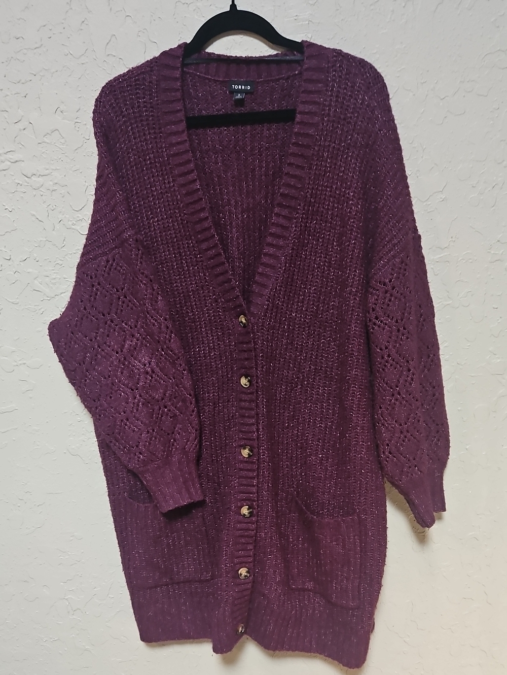 Torrid Boyfriend Cardigan Pointelle Sleeve Sweater